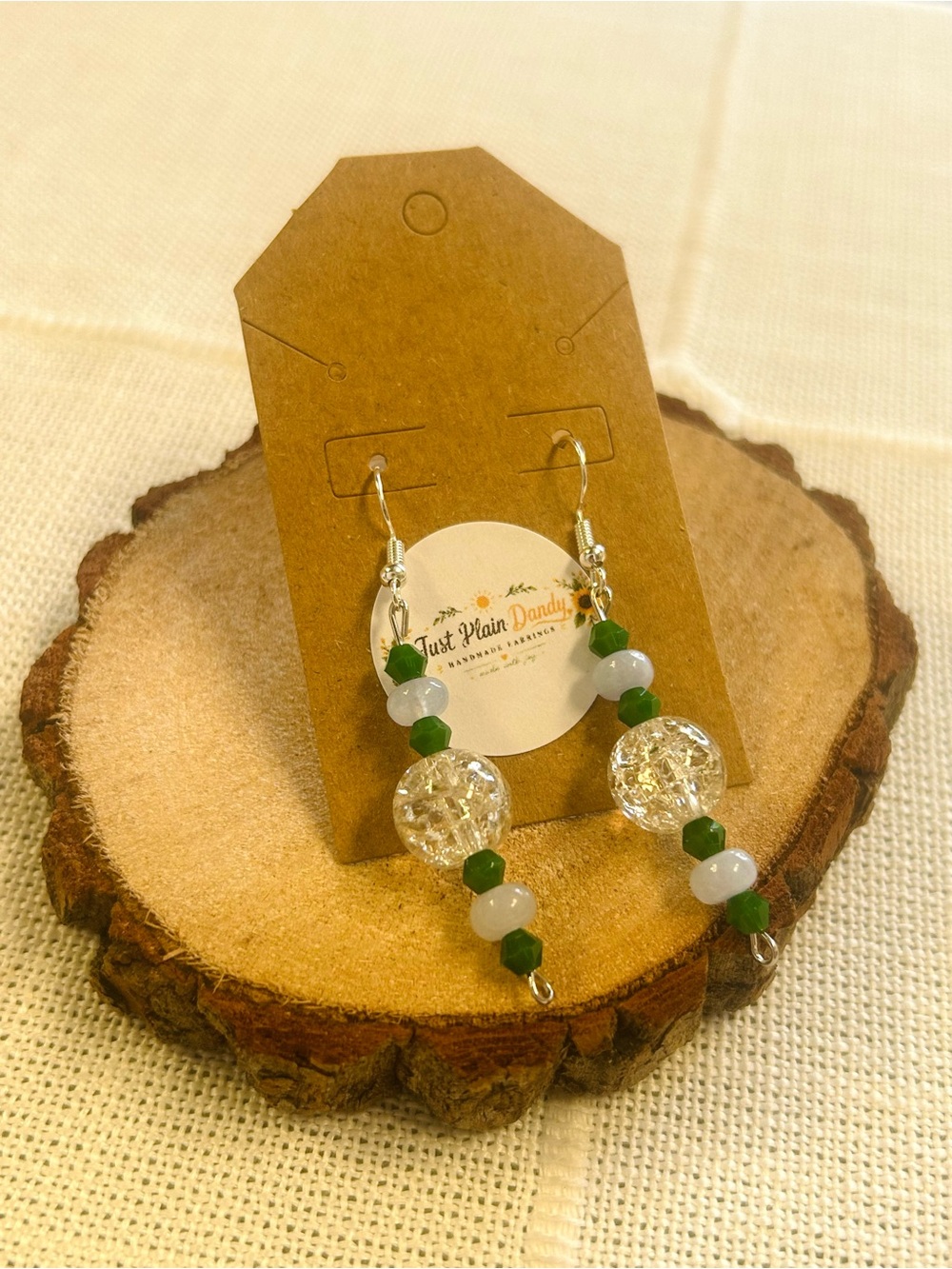 Green White Crackle Beaded Dangle Earrings Handmade Boho Jewelry